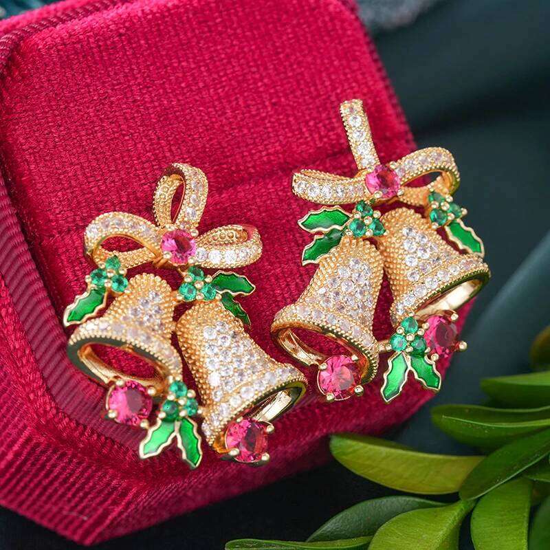 Huitan Gorgeous Bell Stud Earrings Women for Merry Christmas Full Bling Iced Out Cubic Zirconia Unique Trendy Jewelry