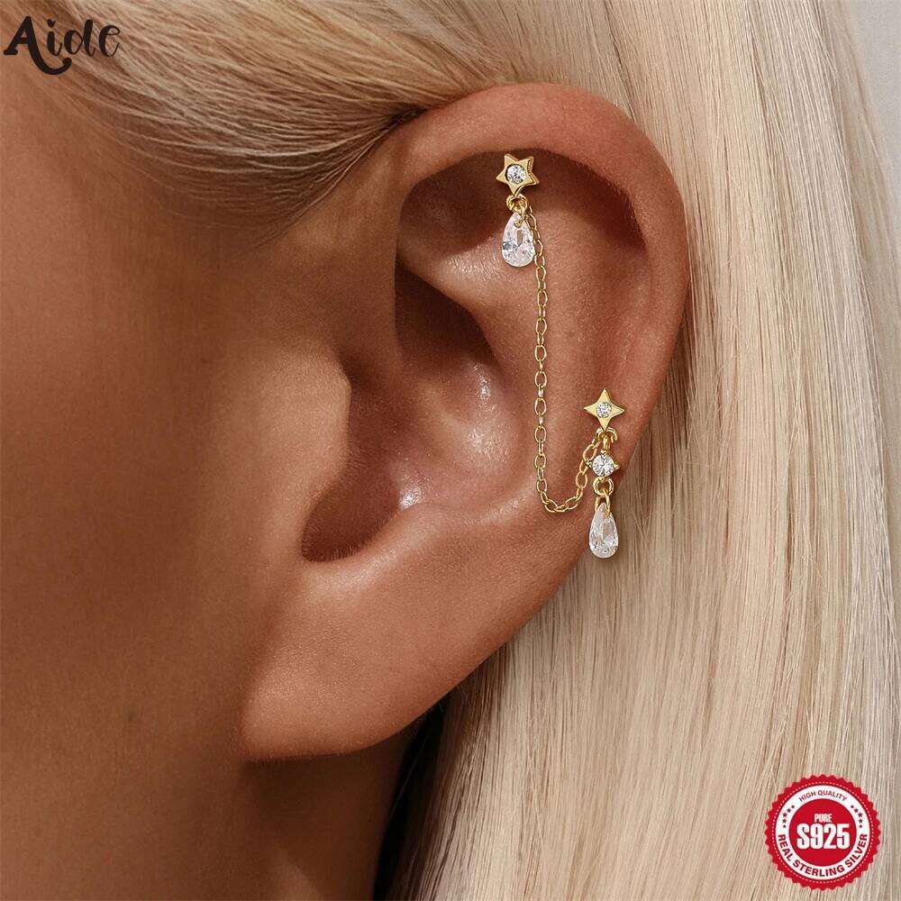 Aide 925 Sterling Silver Chain Tassel Star Hanging Double Studs Zircon Punk Earring Ear Clip Piercing Buckle Jewelry