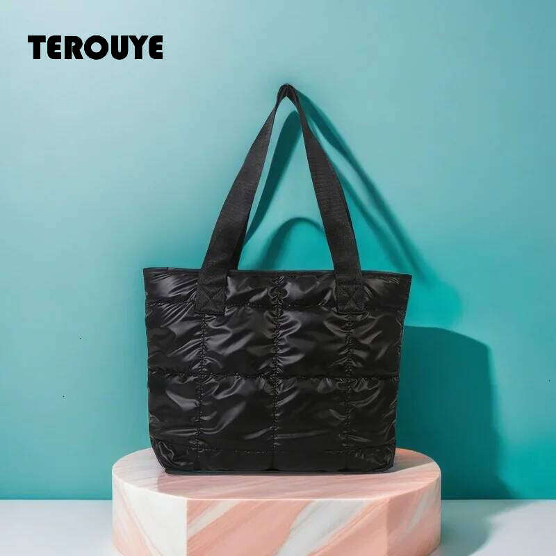 Fashion Ladies Tote Handbags Large Capacity Cotton Padded Shopping Bag Rhombus Portable Handbag Quilted Solid For Leisure Travel TEROUYE