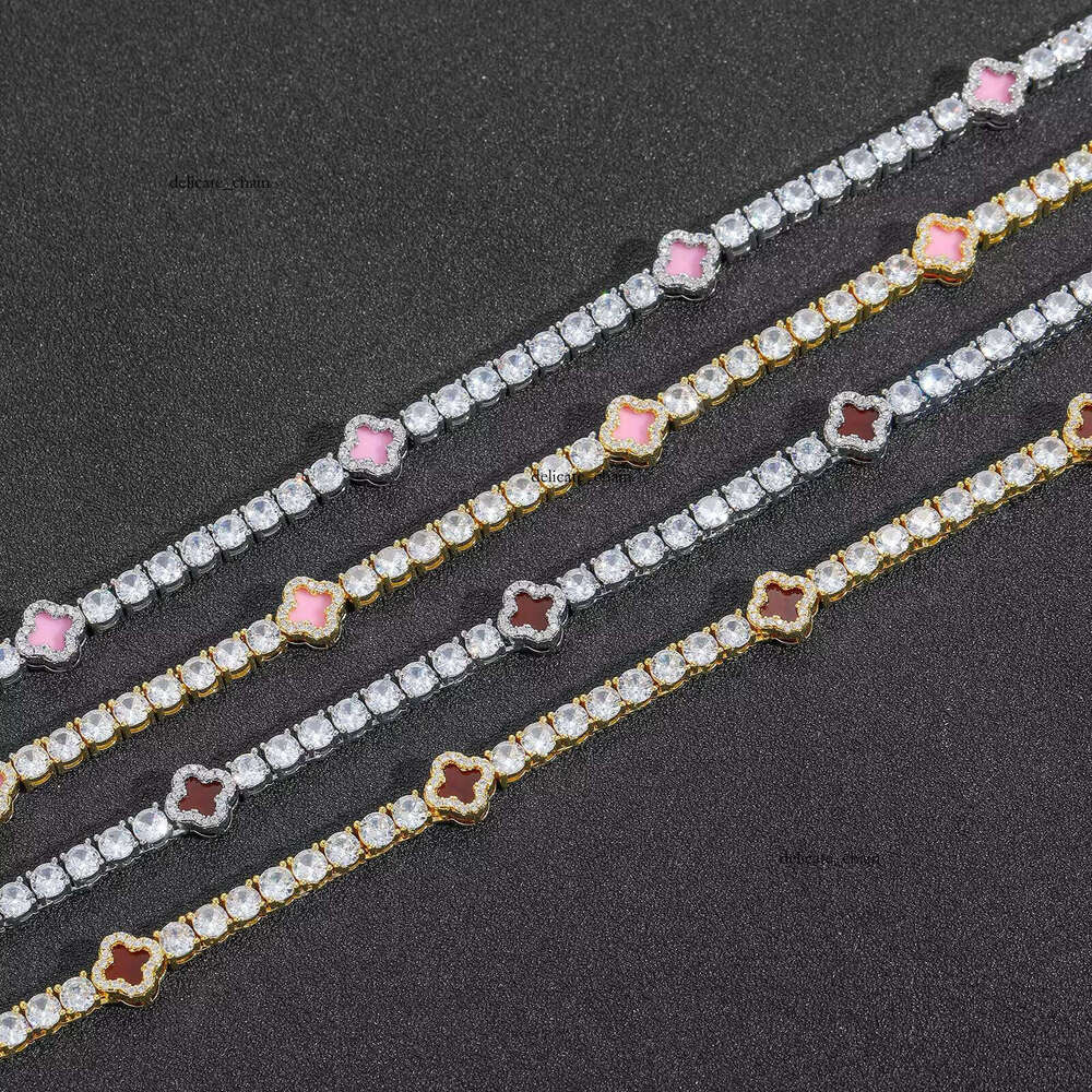 VVS Moissanite 4mm Flower Chain Bracelet Gold Plated Ice CZ Hip Hop Tennis Necklace Women's Fashion Jewelry