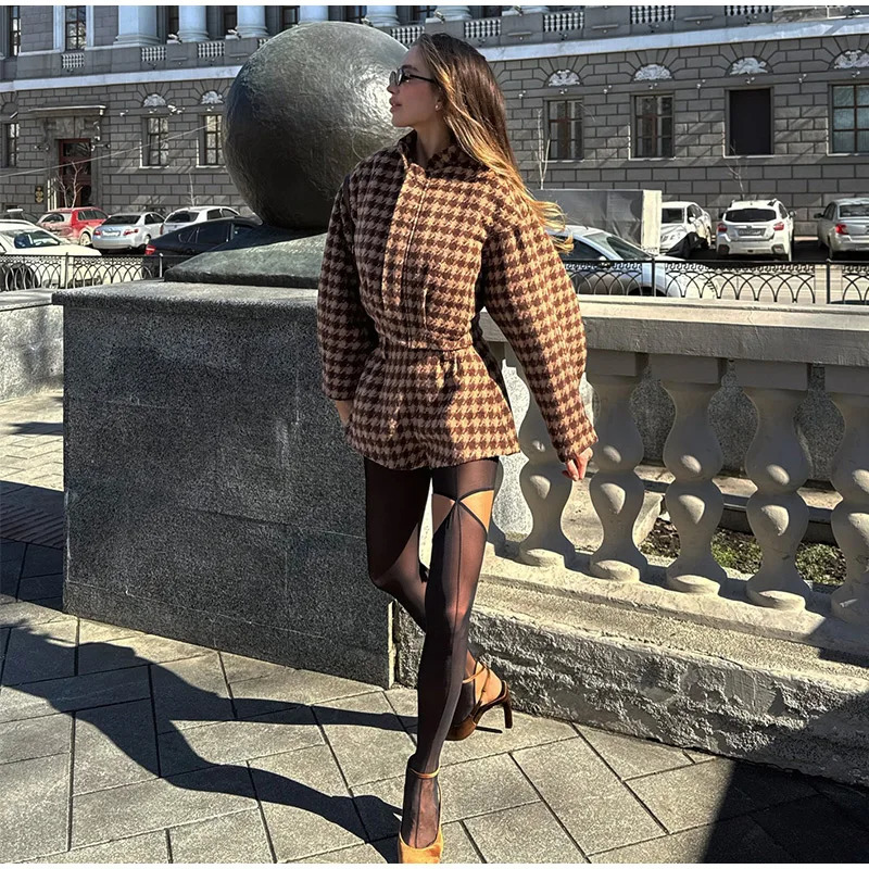 Spring Retro Plaid Women Set Casual Chic Full Sleeve Zipper Jacket High Waist Pockets Shorts Lady Office Suit Commute 251231