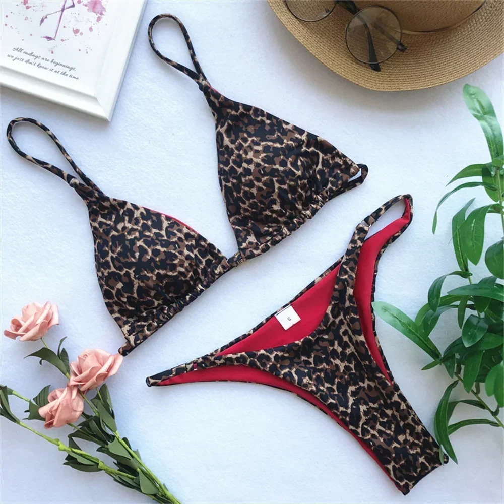 Sexy String Bikini Leopard Print Back Hook Push Up Swimsuit Women Two Piece Swimwear Triangle Thong Brazilian Beach Bathing Suit 251231