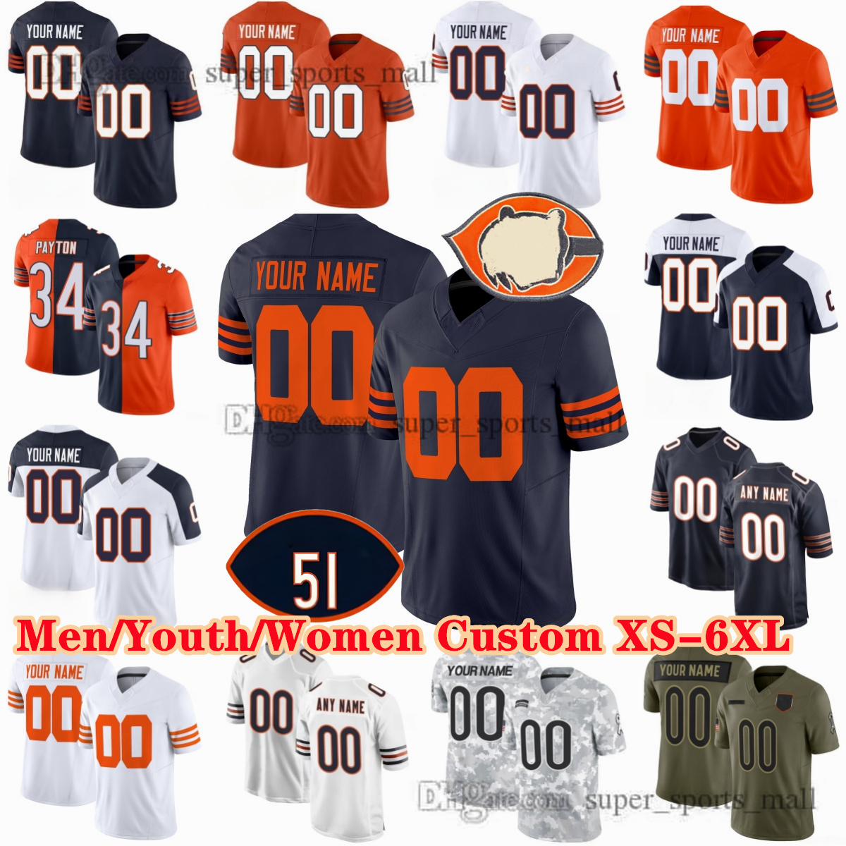 Custom Football Jersey Caleb McMichael Williams DJ Moore Cole Kmet D'Andre Swift T.J. Edwards Walter Payton Rome Odunze Jaylon Johnson Tyson Bagent Darrynton Evans