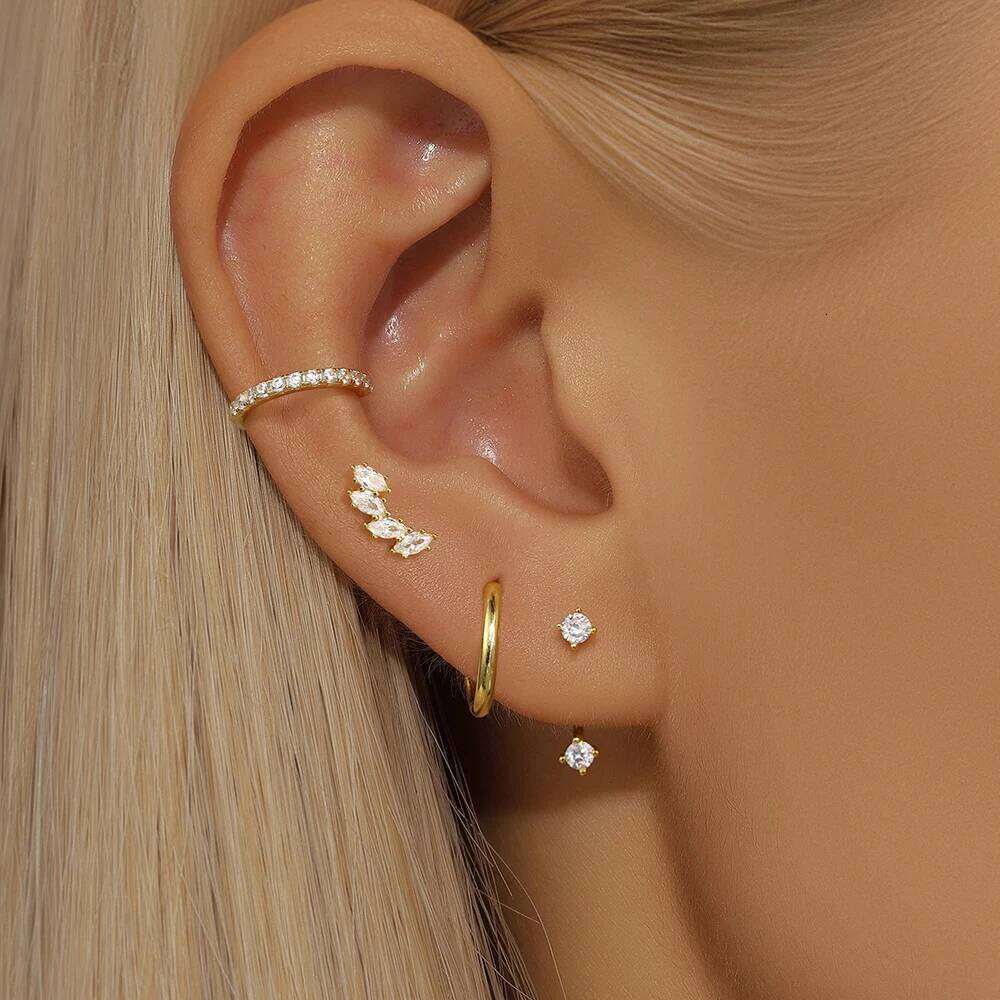 Aide 4pcs Real 925 Sterling Silver Women's Zircon Hoop Earring Delicate Handmake Daily Wear Studs Accessory Fine Jewelry Set