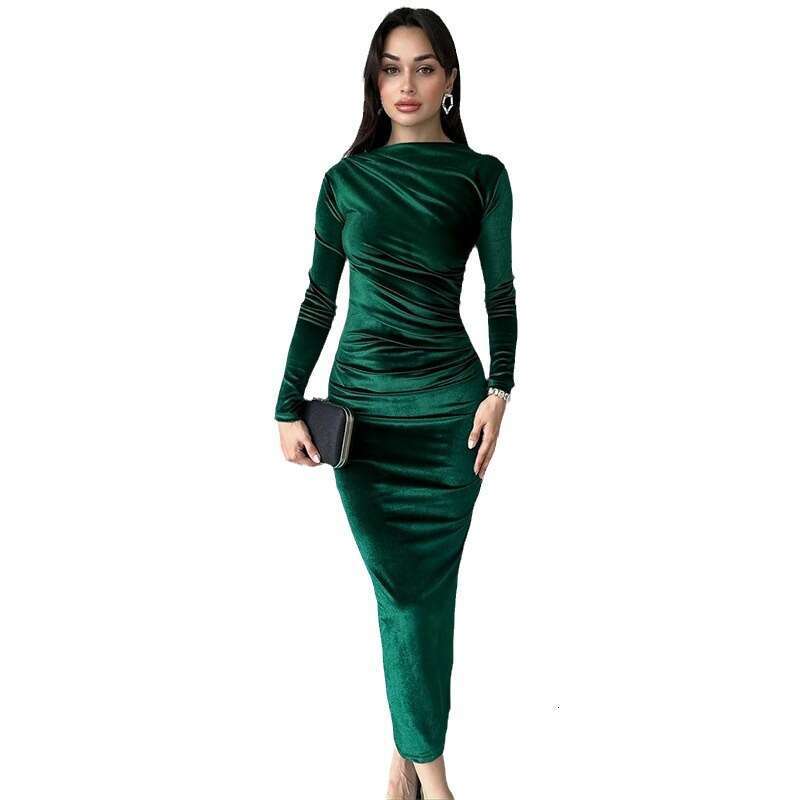 2026 Autumn Winter New Fashion Solid Color Slim Fit Ruched Round Neck Long Sleeve Dress for Women Export