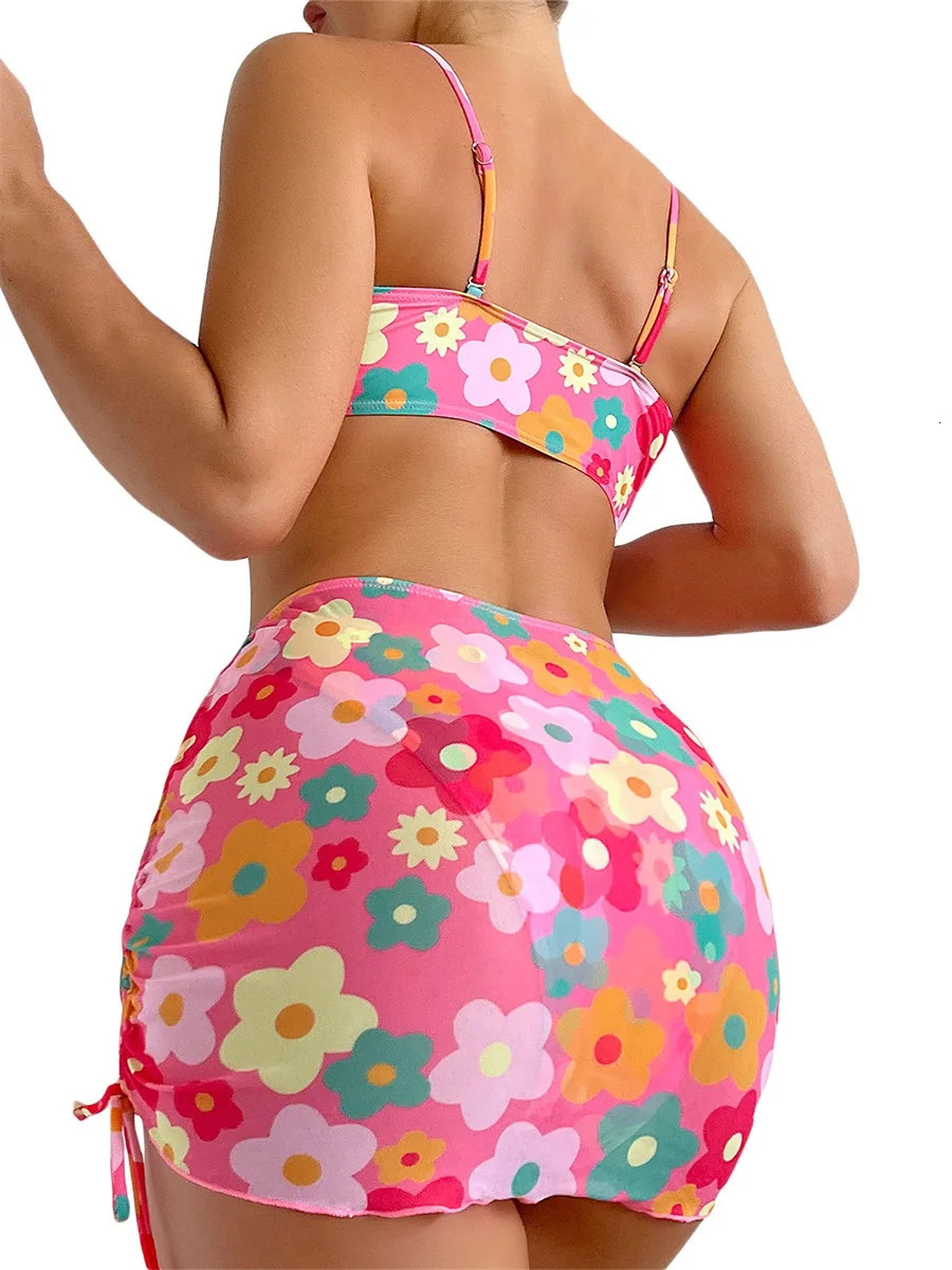 Women 3pcs Swimsuit Set Floral Sleeveless Push Up Bra and Elastic Briefs Cover Skirt Beachwear Bathing Suit 251231