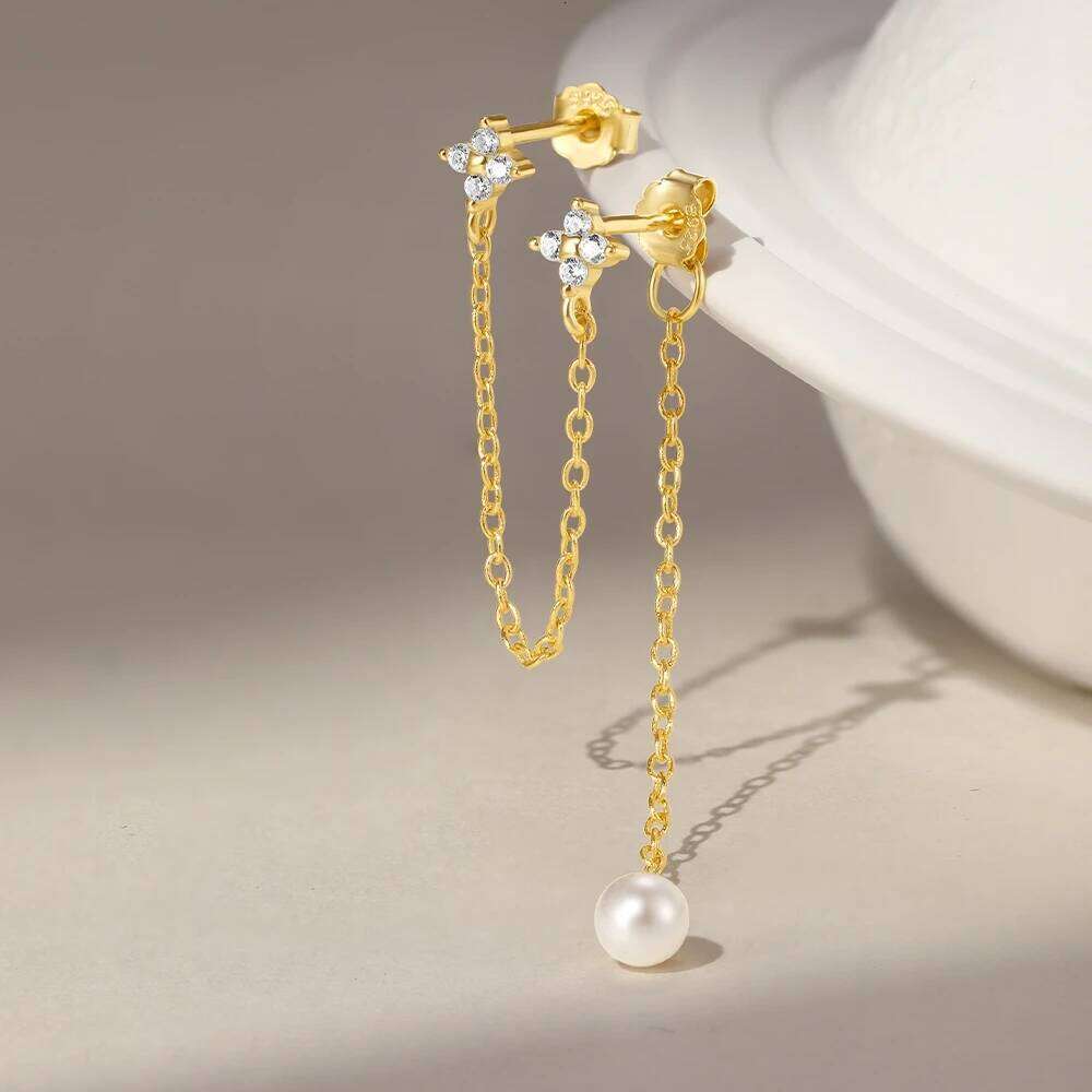 Aide Single 1pc 925 Sterling Silver Double Pierced Chain Zircon Lucky Stud Earrings Female Temperament Lover Party Birthday Gift