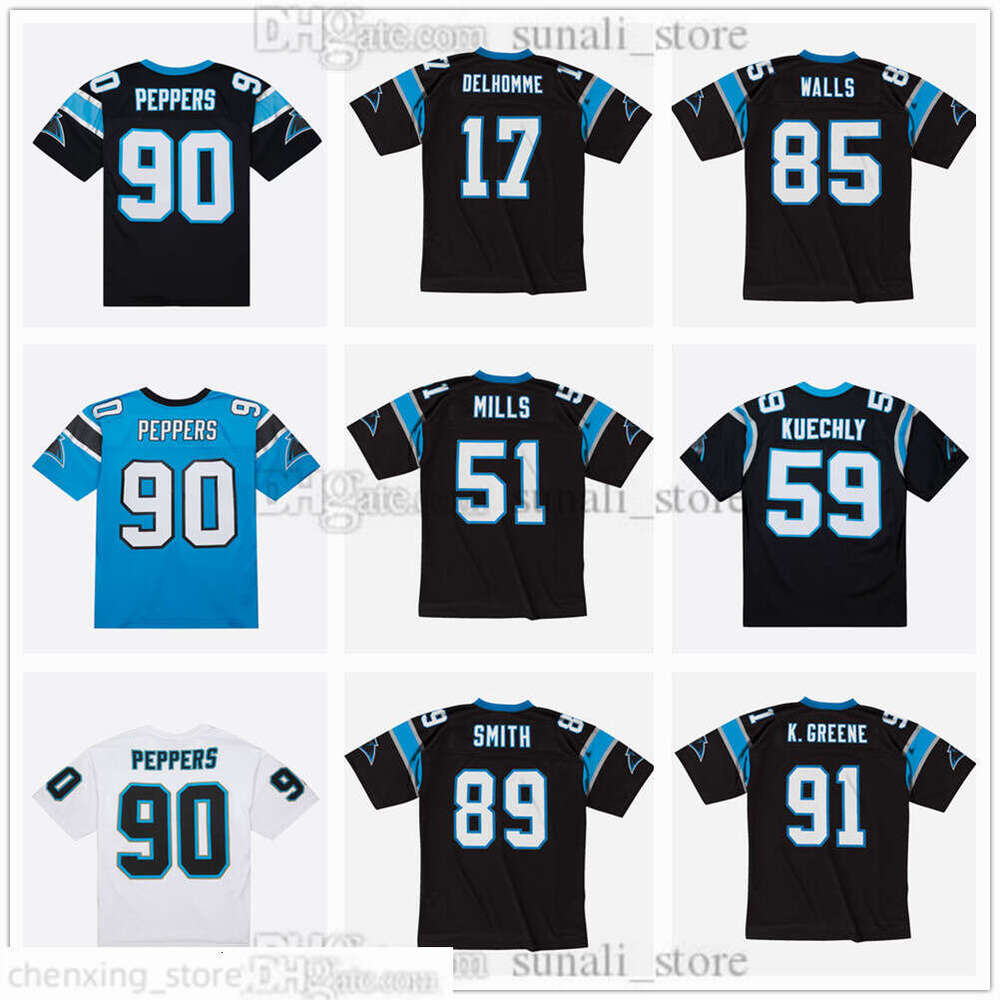 Men S-6XL Vintage Football Jersey 90 Julius Peppers 17 Jake Delhomme 51 Sam Mills 59 Luke Kuechly 85 Wesley Walls 89 Steve Smith Sr 91 Kevin Greene Retro All Stitched