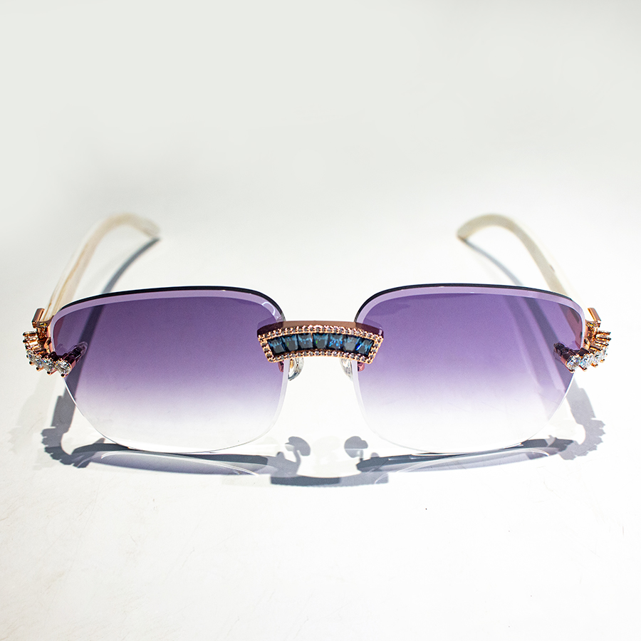 Custom Hip Hop Rapper Luxury Iced Out Mens Glasses Blue Gemstone Baguette Moissanite Rimless Buffalo Horn Sunglasses