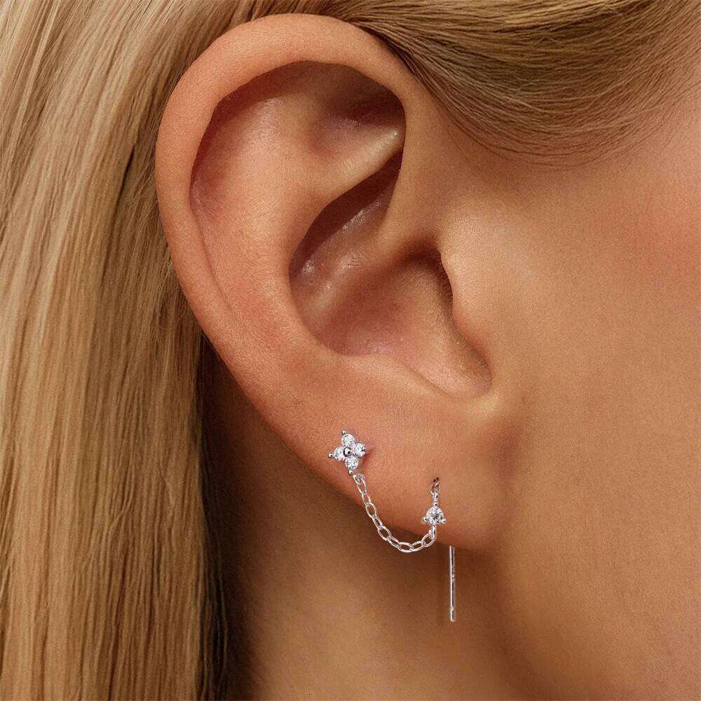 Aide S925 Sterling Moissanite Snowflake Piercing Earrings Chain Dangle Studs Silver Color Earring for Layered Ear Jewelry