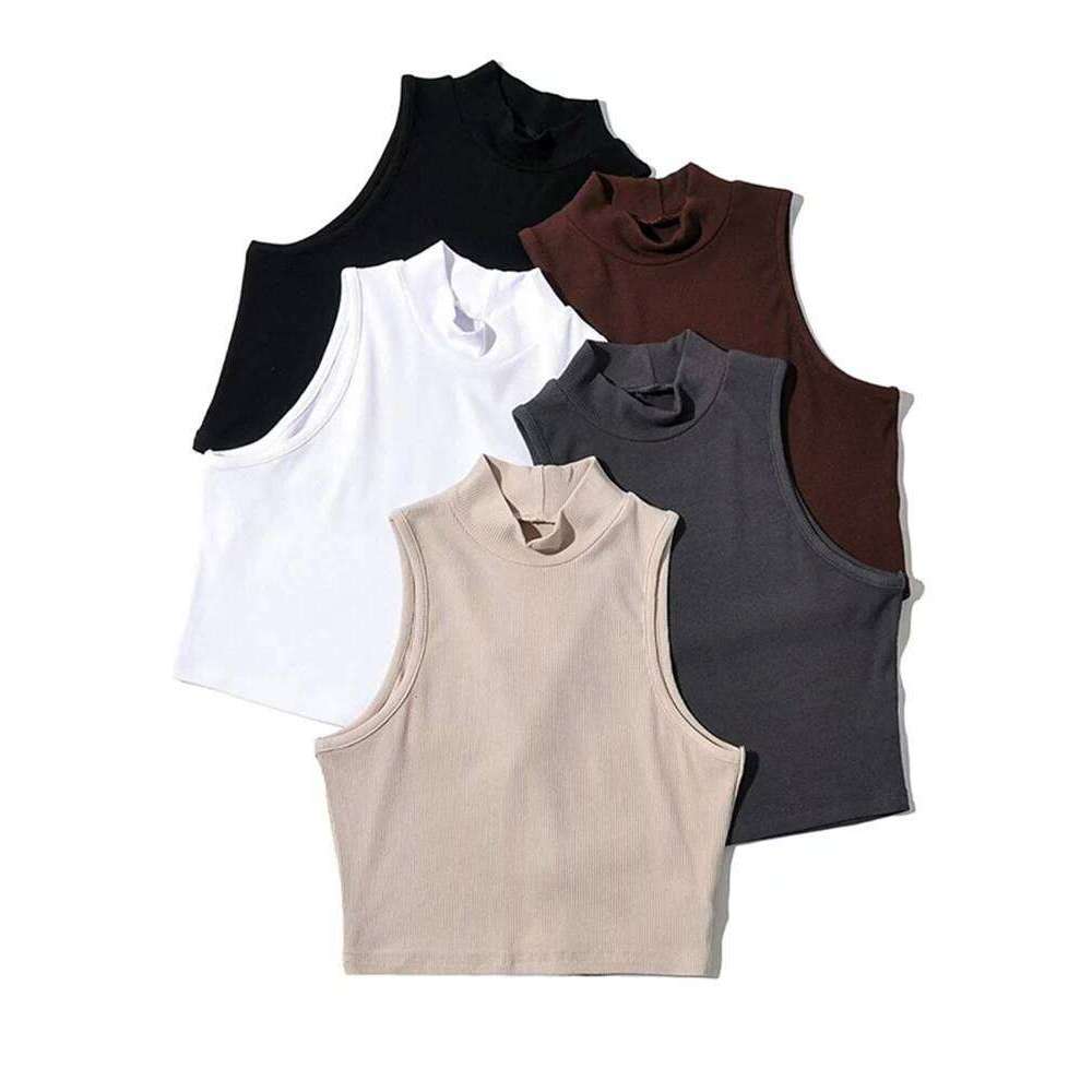Summer Black Women Fashion Crop Top High Neck White Sleeveless Tank Tops 5 Colors