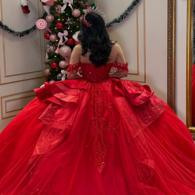Red Quinceanera Dresses Off Shoulder Ball Gown Sweet 16 Dress Applique Lace Beading Crystal Tull Birthday Party Vestidos 15 De Anos