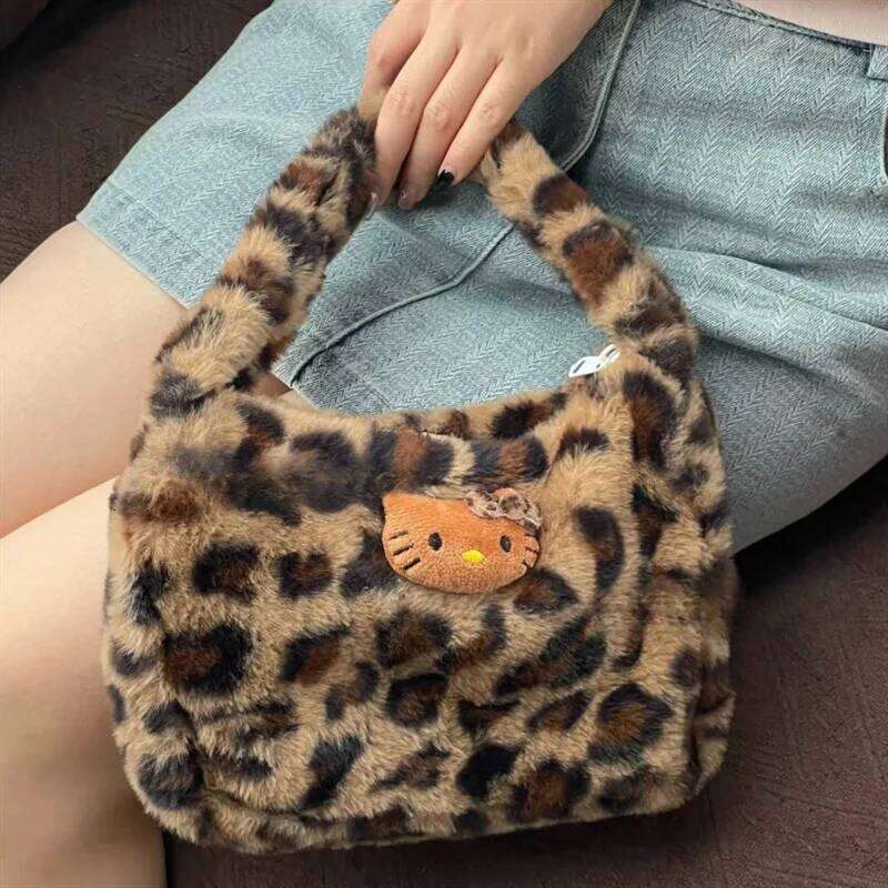 Leopard Print Hello Kitty Handbag Cute Retro Commuting Bag Cartoon Anime Peripheral Fashion Girl Birthday Gift Versatile Leisure