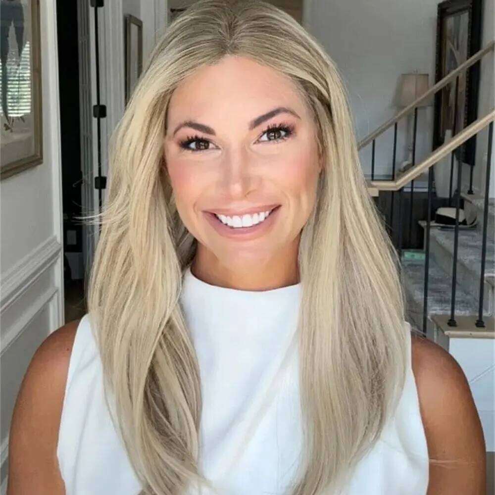 Synthetic Lace Front Pre Plucked Natural Hairline Straight Wigs Ash Roots Blonde Highlights Free Part Ponytail Wig for Girls