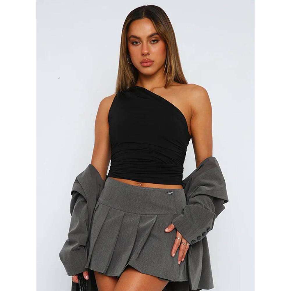 Solid One Shoulder Backless Shrink Tank T-Shirt Candy Color Tight Sexy Sleeveless Neckless Slim Casaul Top