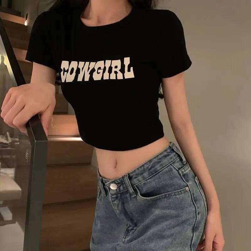 High waisted open U-shaped T-shirt, sweet and spicy girl style letter printed short sleeved women's T-shirt