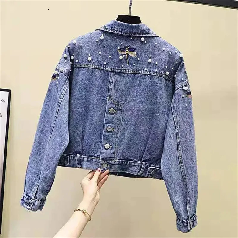 Autumn Ladies Short Beading Denim Jacket Retro Women Long Sleeves Outwear Femme Fashion Cowboy Tops Coat 251231