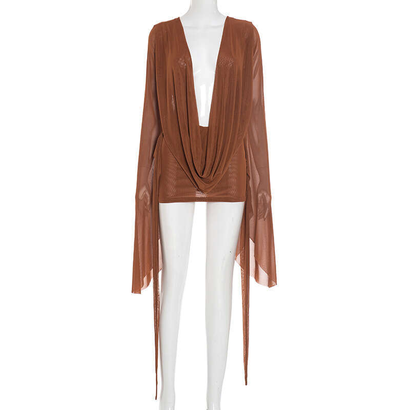 D25DS222 European and American Cross-Border New Women's Fashion Mesh Swing Collar Long Backless A-Line Short Sleeve Dress for Women