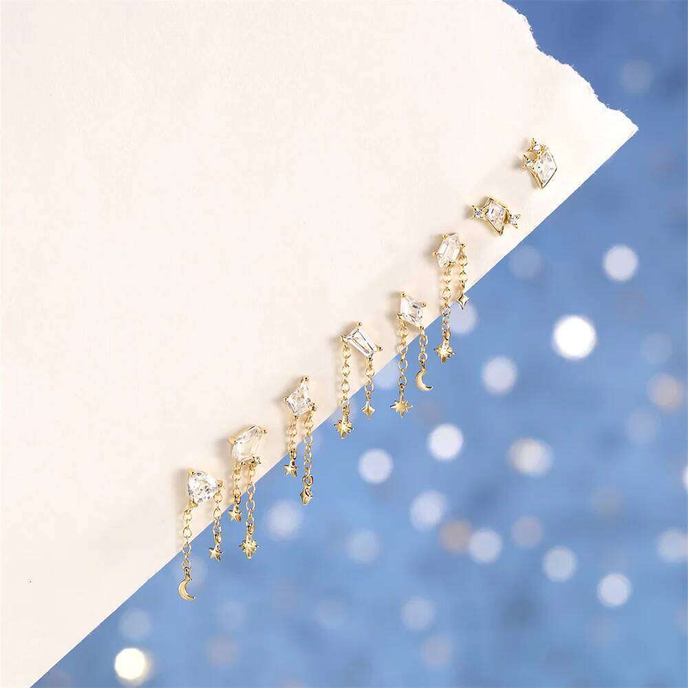 Aide 925 Sterling Silver Geometric Zircon Flat Head Earrings For Women Tassels CZ Chain Tassel Star Moon 1pc Piercing Jewelry