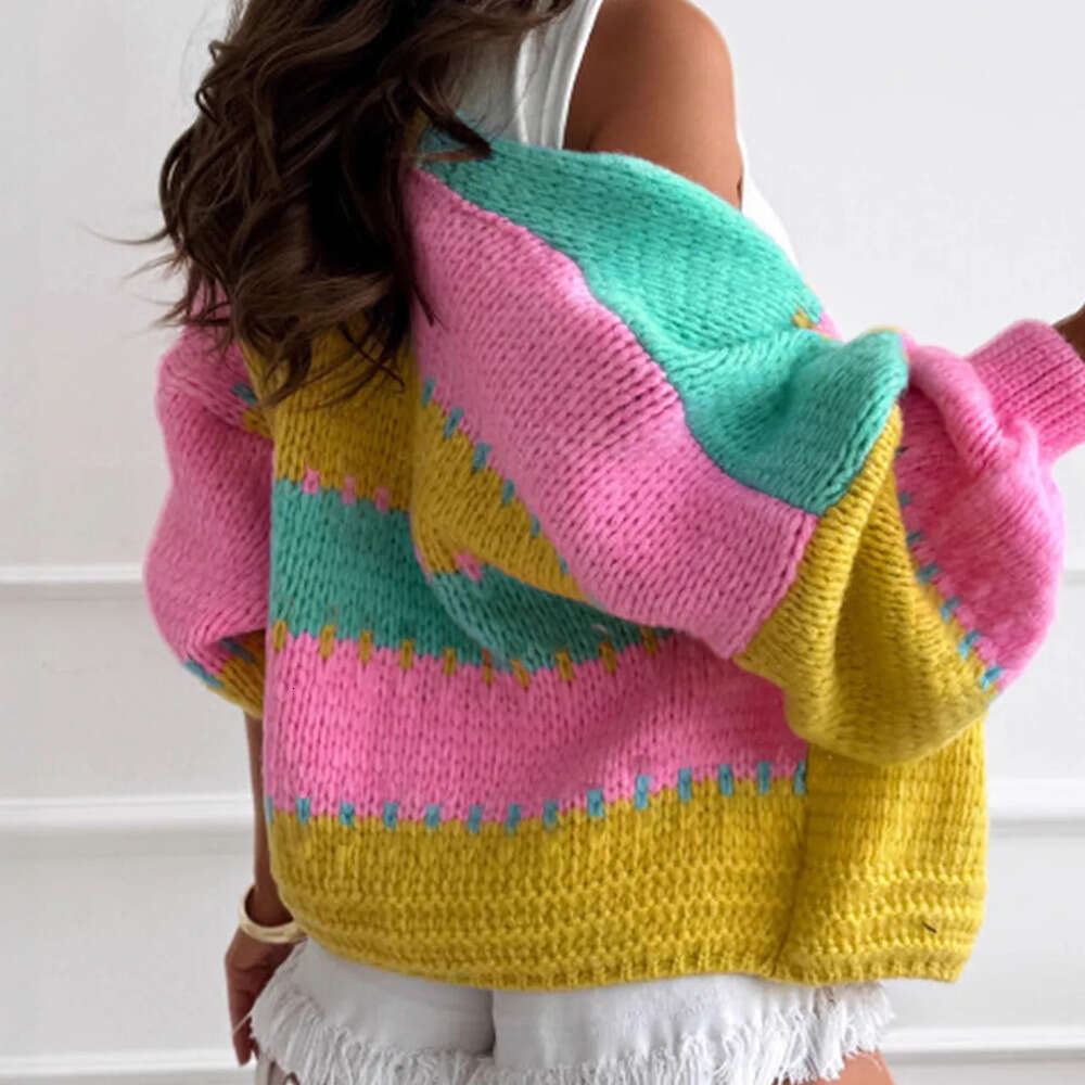 Fashionable Color Block Knitted Open 2026 Designer Fashion Cardigan Loose Casual V Neck Shoulder Drop Sleeve Women's Sweater Autumn Winter New Ar