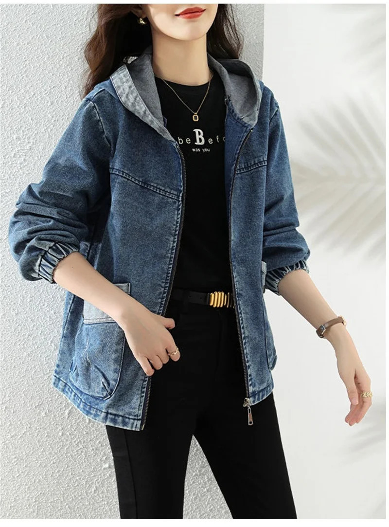 Women Denim Jacket Spring Autumn Long Sleeve Tops Female Casual Hooded Jeans Jackets Big pocket Cowgirl Outerwear 251231
