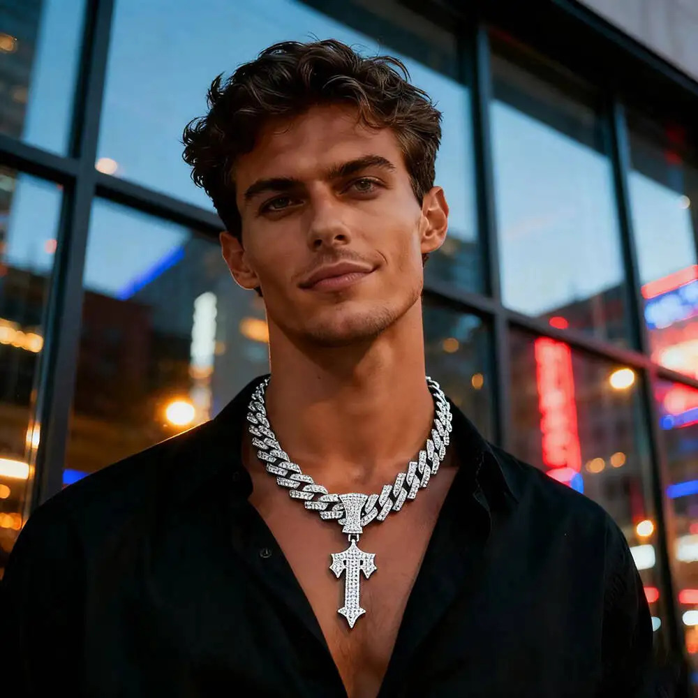 Style Personality Big Full Diamond Cuban Necklace Hip Hop Niche Legendary Sword Armor Pendant 251230