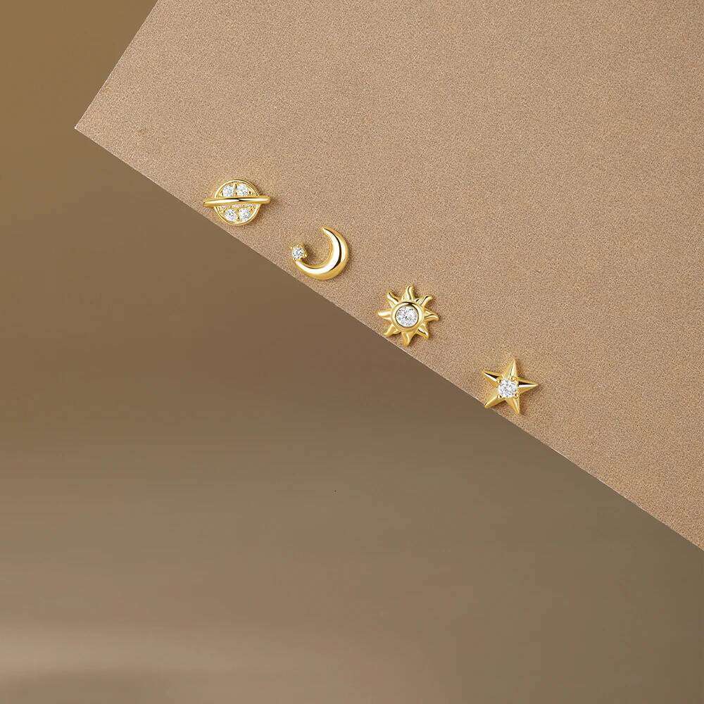 Aide 4pcs Geometric 925 Sterling Silver Earring Set Simple Shiny Star Moon Zircon DIY Mixed Earrings For Women Fine Jewelry
