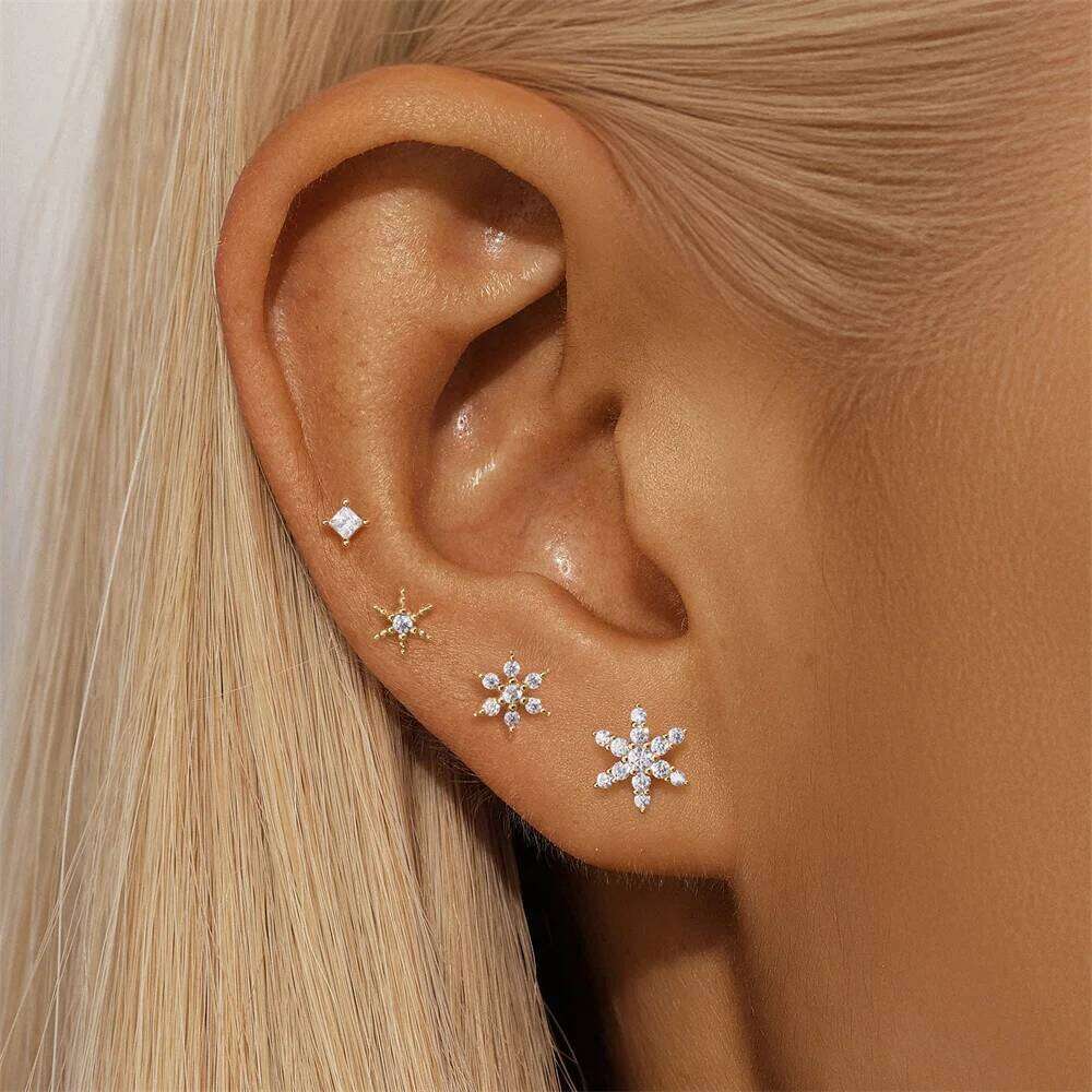 Aide 925 Sterling Silver 4PCS Zircon Star Ear Stud Earrings Set For Women 18K Gold Color Cartilage Earring Piercing Fine Jewelry