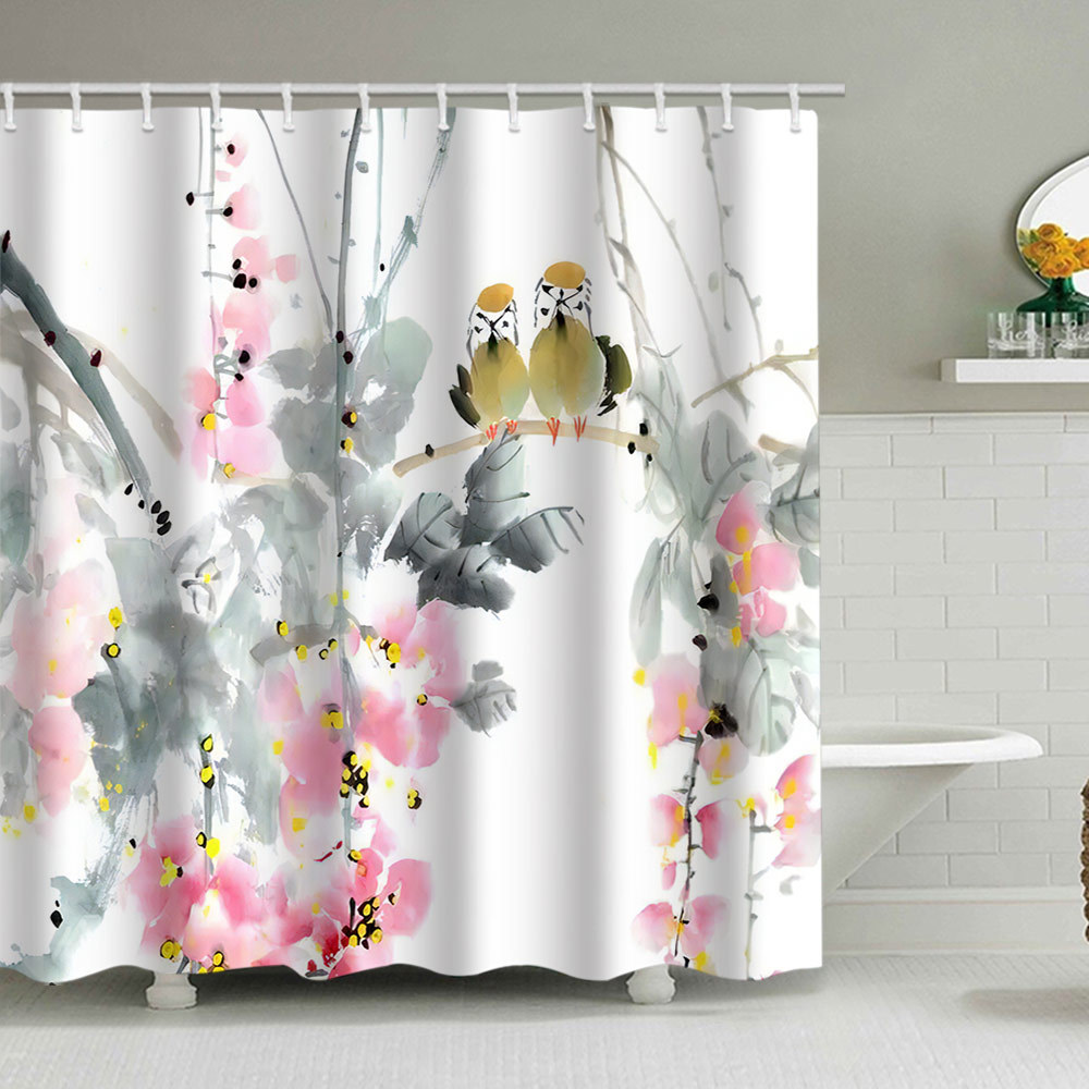 YL-38080 Shower Curtain Set with Wild Grass, Stones, and Water Reflections - Printed Polyester Waterproof Shower Curtain, No Drill Required, with Hook