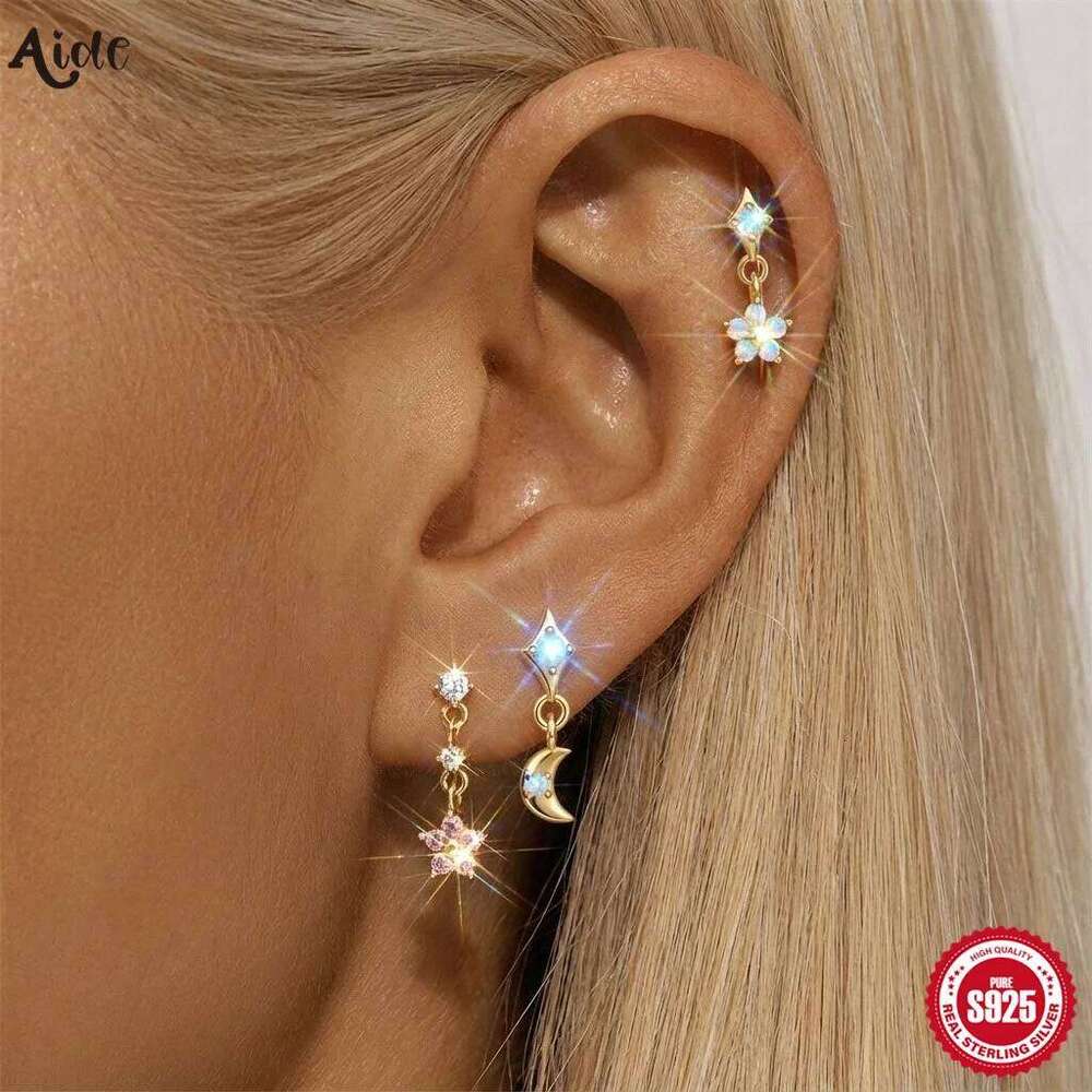 Aide 925 Sterling Silver Opal Star Moon Earring Zirconia Helix Cartilage Piercing Jewelry for Women Conch Tragus Dangle Studs