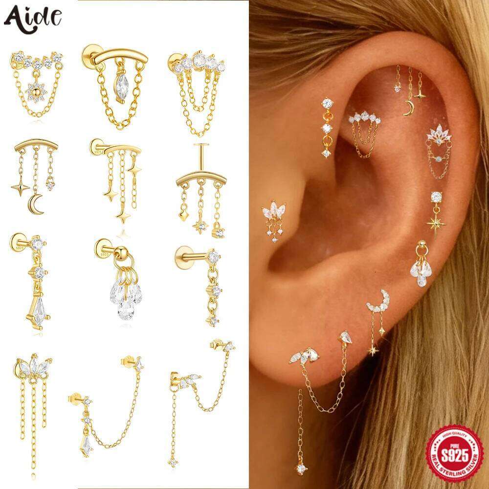 Aide Designed for vertical helix piercings 925 Silver Helix Chain Earring 18K Plated Star Dangles Threadless Push In Hidden Stud