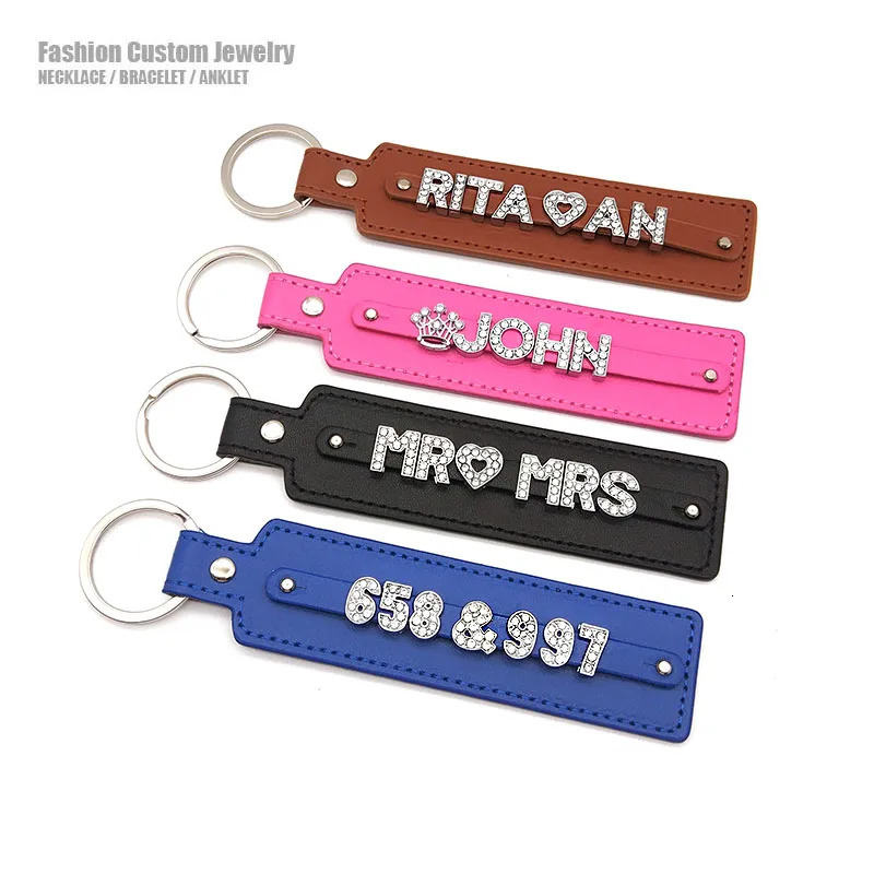 Fashion Leather Personalized Custom Rhinestone Name Letter Numbers Car Keychain Keyring Key Holder Valentine Love Gift 251230