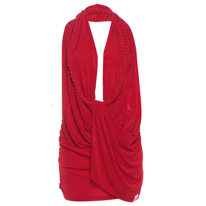 Cross-Border European and American Style 2026 Autumn Winter New Women's Sexy Deep V Neck Halter Backless Hip Short Solid Color Dress