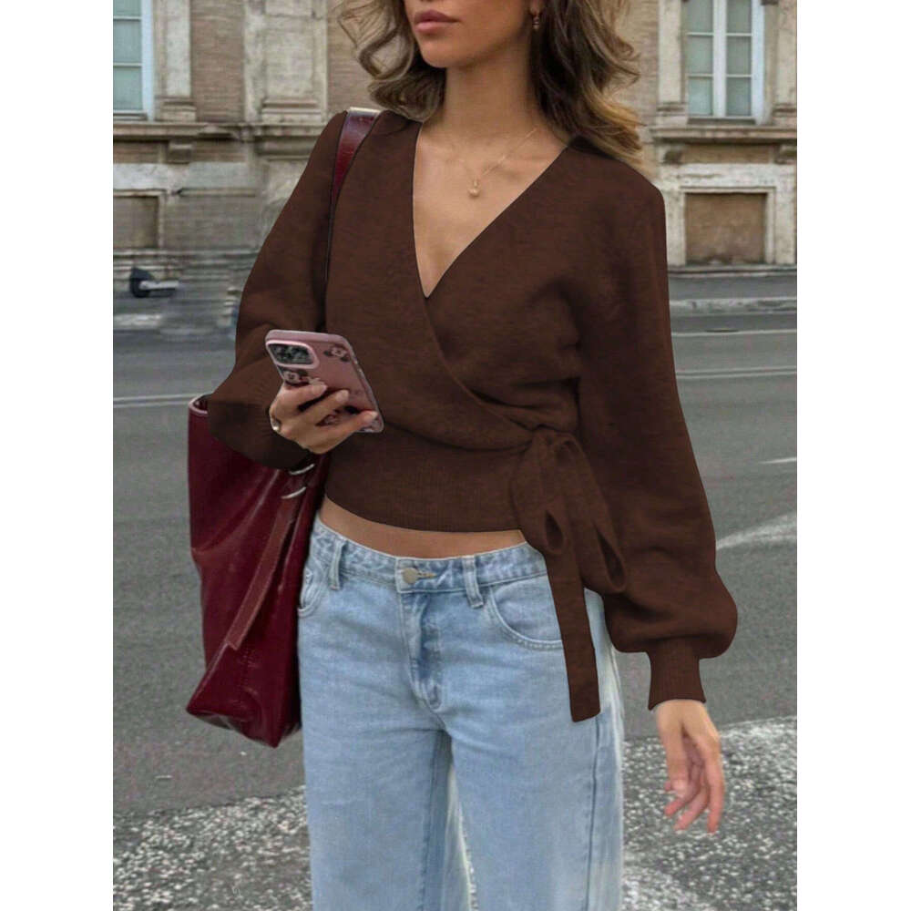 European and American Style Cross V-Neck Knitted Base Shirt Autumn Winter Irregular Tie Elegant Short Top for Women