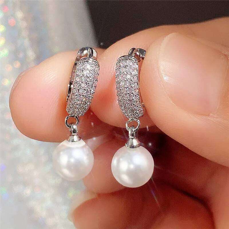 Huitan Fashion Hoop Earrings with Simulated Pearl Pendant for Women Inlay Shiny CZ Stone Luxury Engagement Wedding Trend Jewelry