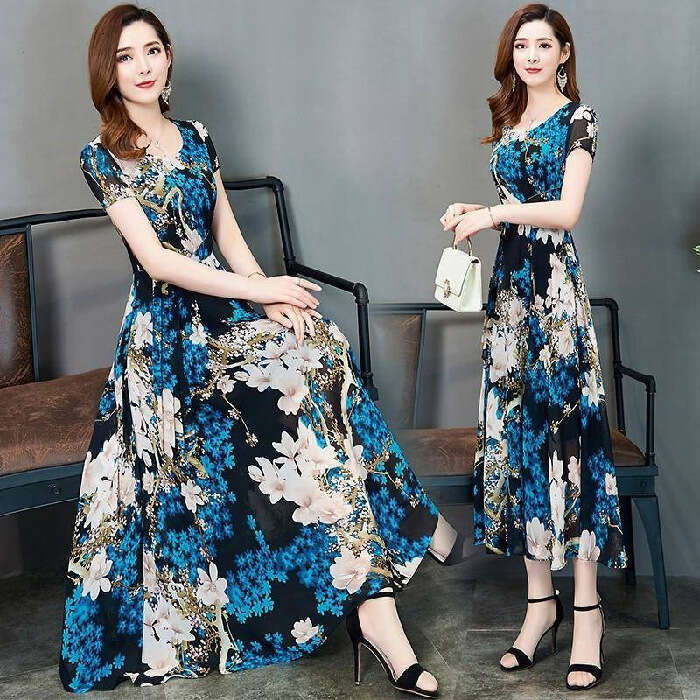 Women's Short Sleeve 2026 Summer New Korean Style Printed Round Neck Elegant Slimming Mid-Length Dress for Women