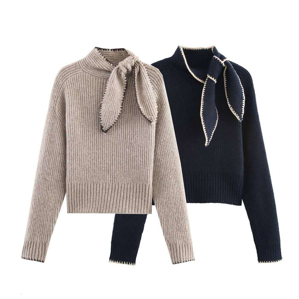 Winter New Sweet And Fashionable Stand Up Collar Long Sleeve Bow Decoration Knitted Sweater For Women