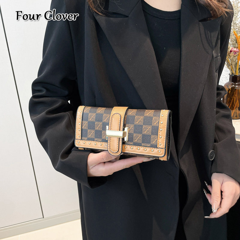 Women's long wallet, new multi-functional vintage wallet, studded plaid print clutch, multi-card slot coin purse, vintage men's bifold walle