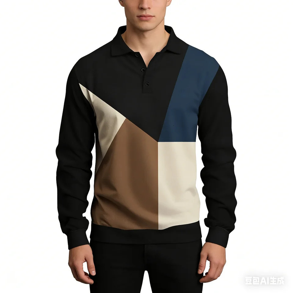3D Fashion Color Blocking Mens Long Sleeve POLO Shirts Oversize Comfortable Breathable Lapel Button Casual Long Sleeve Clothing 251230