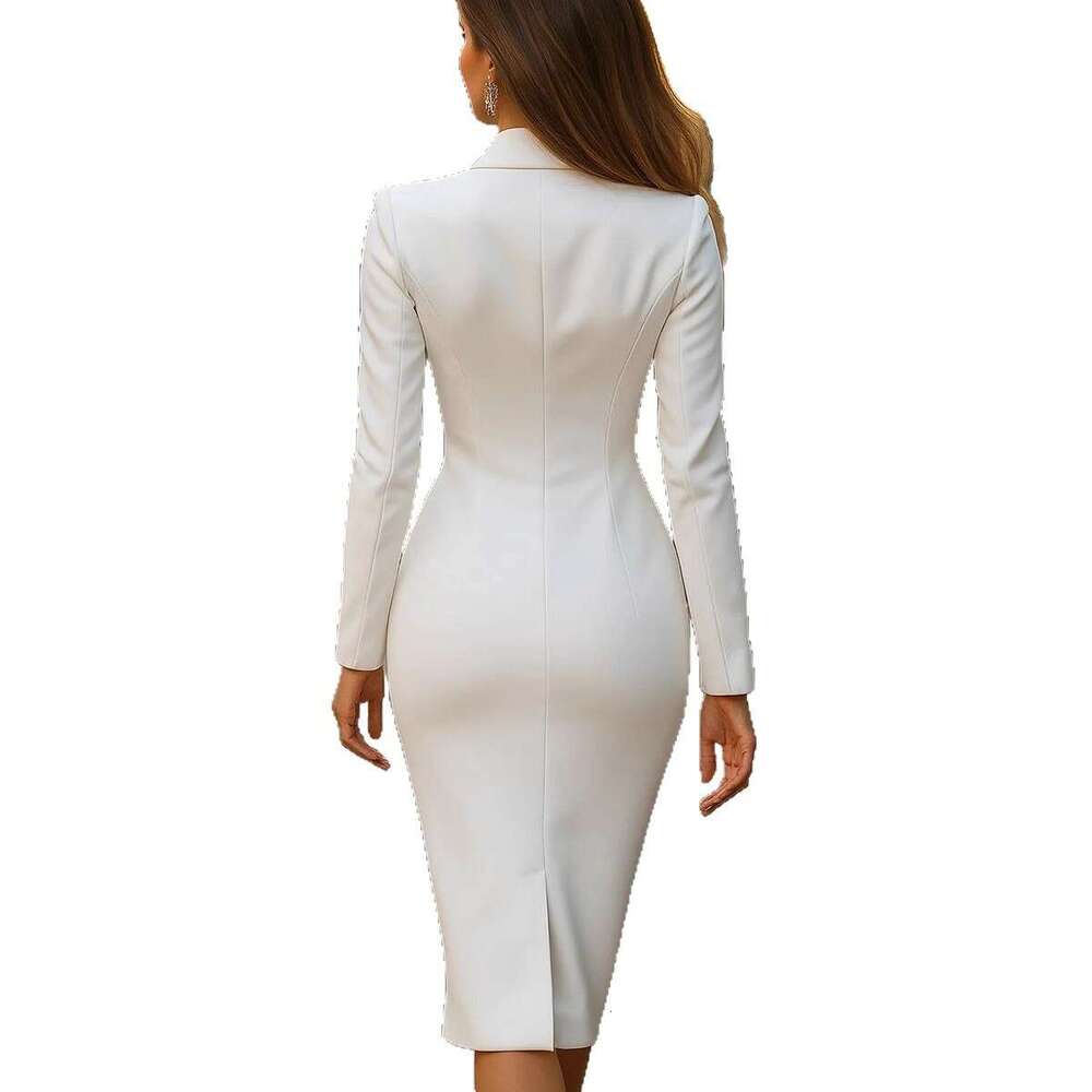 2026 Foreign Trade European and American Women's Fashion Solid Color Sleeve Collar Single-Breasted Slim Fit Long Suit Dress