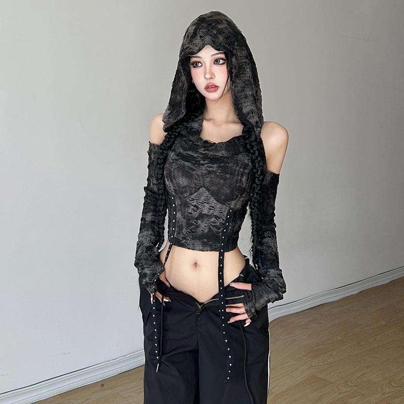 Pure Desire Y2K Hot Girl Design Off-Shoulder Slimming Hooded Long Sleeve T-Shirt for Women Autumn Winter Elegant Versatile Black Top