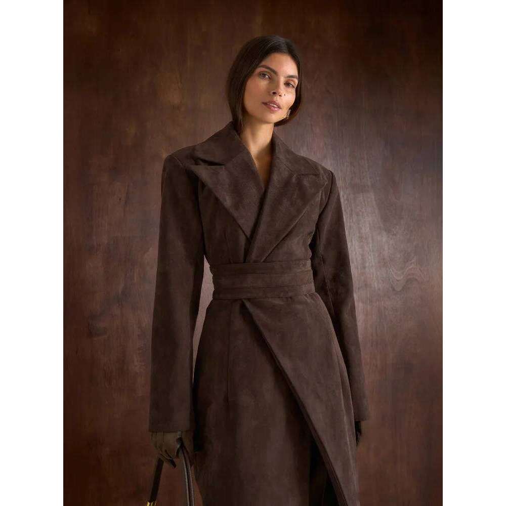 Elegant Women's Belted Long Coat Faux Suede Self-Tie Waist Jacket Formal Chic Maxi Overcoat Outerwear Vintage High Street Outfit