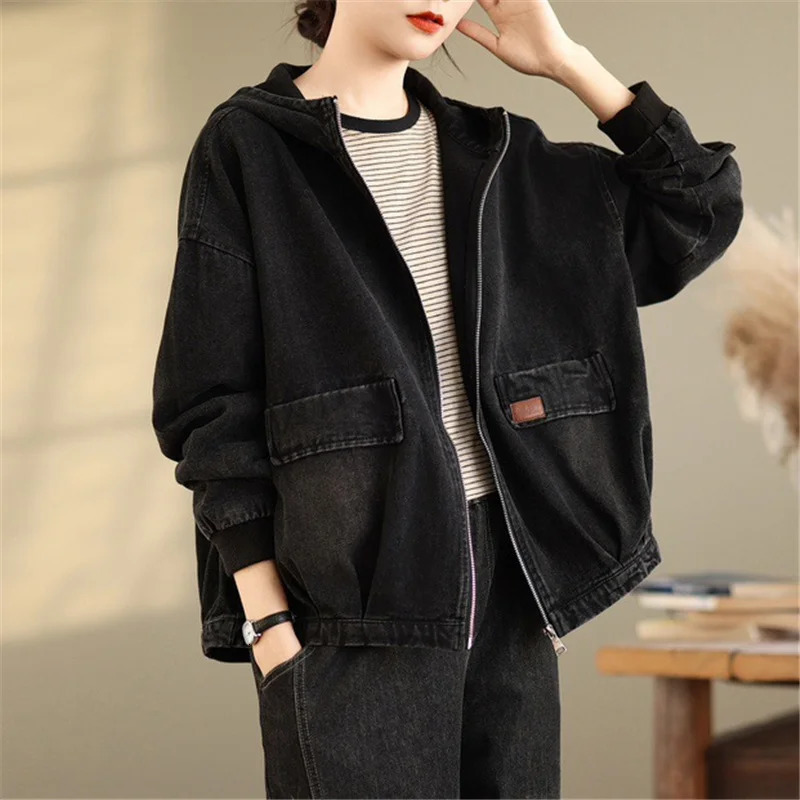 Masss Wasss Punk Spring Vintage Hooded Ladies Denim Jackets Fashion Leisure Classic Outerwear Loose Harajuku Streetwear Clothes 251231