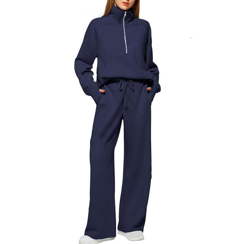 2026 European and American Women's Two-Piece Set Large Half-Zip Sweatshirt Wide-Leg Sweatpants Casual Outfit for Women