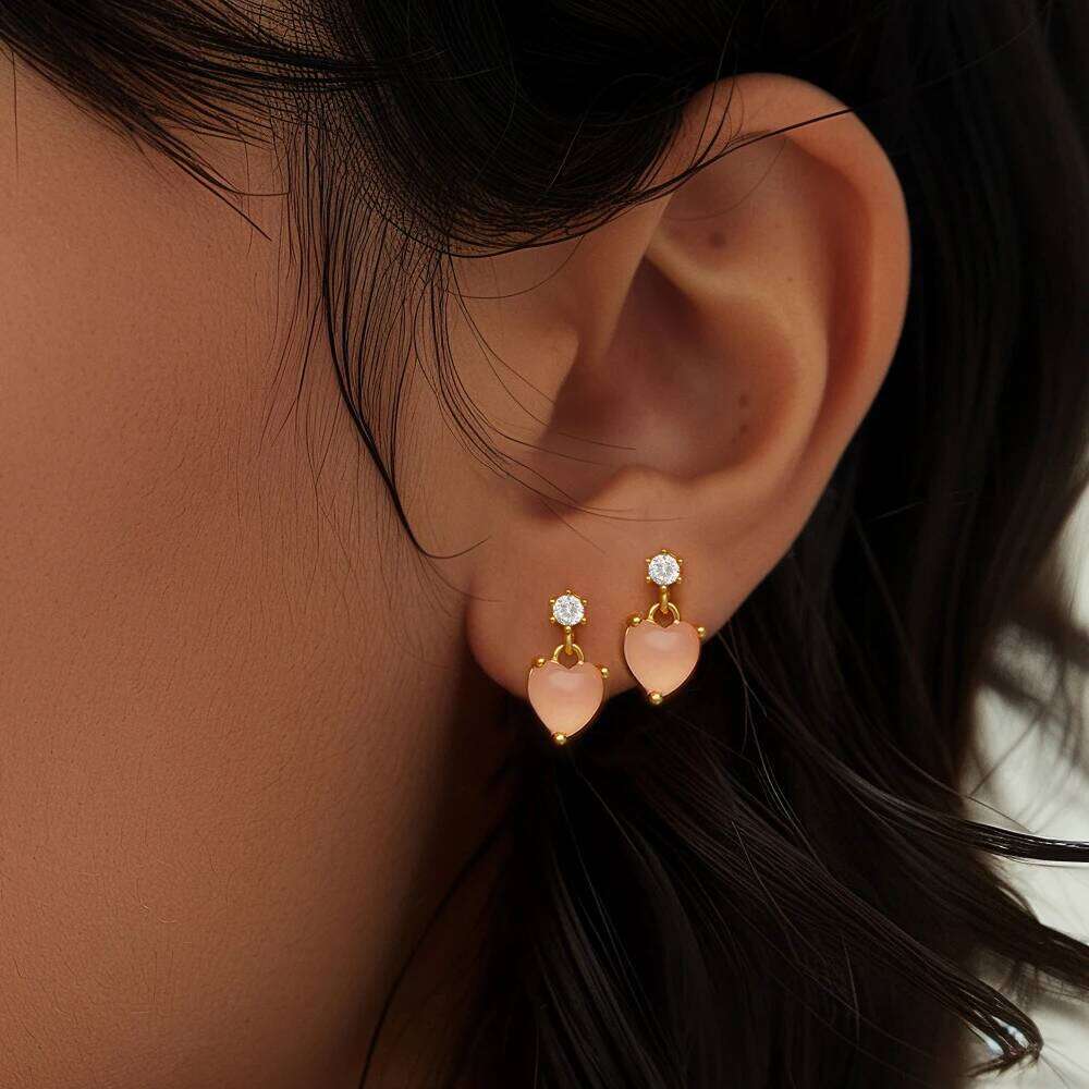 Aide 925 Sterling Silver Sweet Cute Pink Heart Dangle Stud Earrings For Women K Gold Plated Simple Elegant Jewelry Party Gift