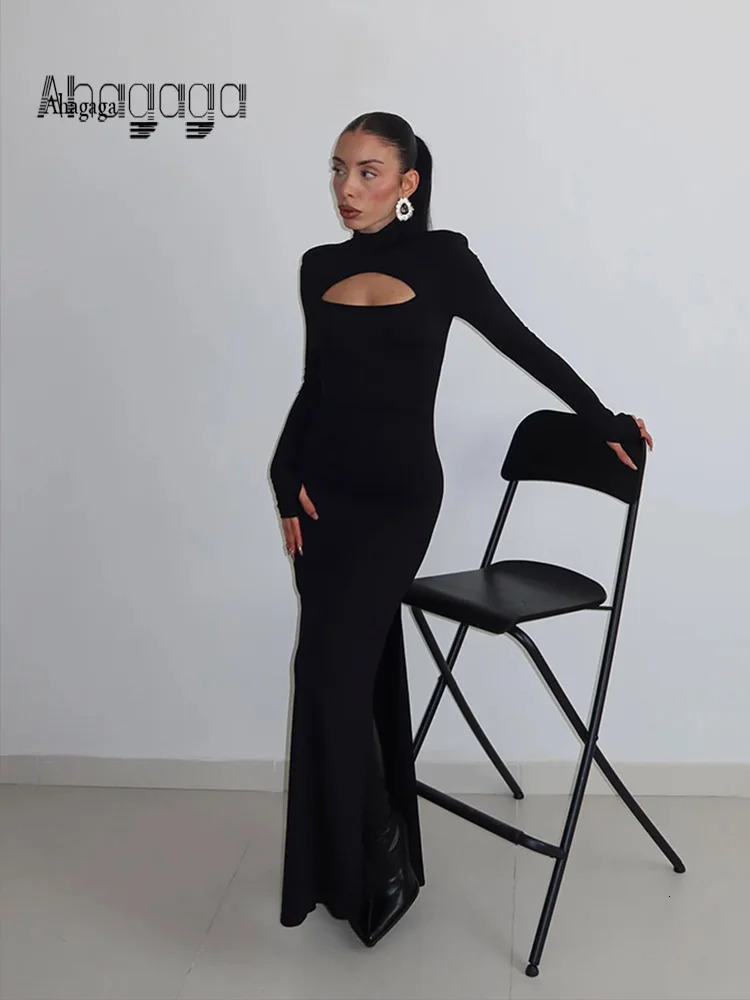 Ahagaga Sexy Sheath Womens Maxi Dresses Solid Turtleneck Regular Long Sleeves Hollow Out Slim Fit Bodycon Party Vestidos Robes 251231