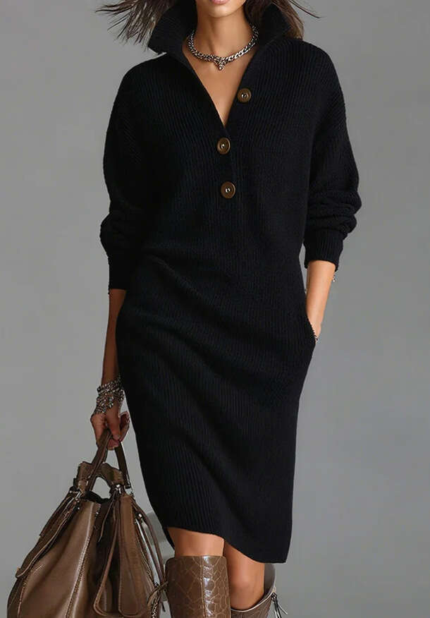 2026 Independent Station European and American New Autumn Casual Button Turn-Down Collar Loose Straight Knitted Mid-Length Sweater Dress