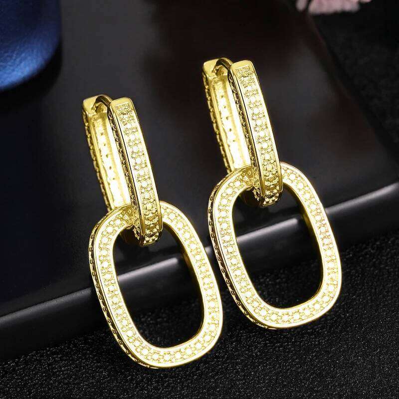 Huitan Geometric Oval Double Hoop Drop Earrings Lady Modern Fashion Jewelry with Bright Zirconia Trendy Accessories Gift