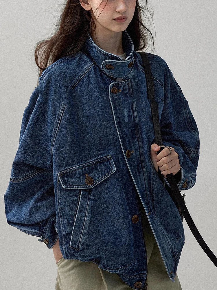 American Vintage Loose Denim Jacket Women Stand Collar Blue Workwear Streetwear Spring Autumn Cargo Jeans Coat Outerwear 251231