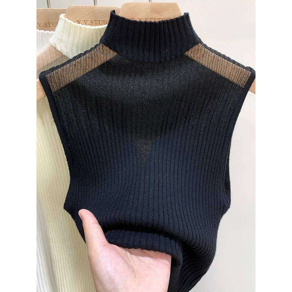 Mesh Knitted Women Y2K Tank Half Neck Vest Female Sleeveless Sweater Chic Cut Out Streetwear Solid Skinny Tube Top